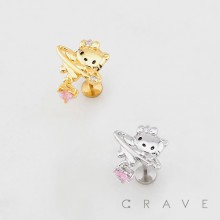 CUTTIE KITTY CAT FACE PLANET HEART DANGLE CZ THREADLESS (PUSH IN) 316L SURGICAL STEEL LABRET SET